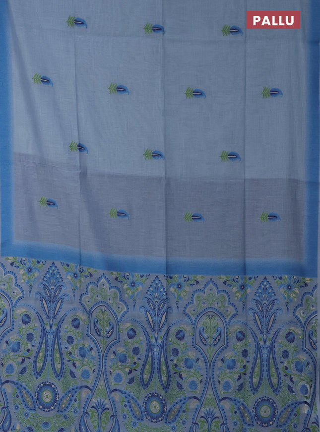 Munga cotton saree light blue and blue with thread woven buttas in borderless style