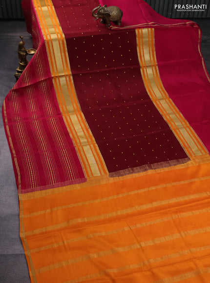 Pure mysore silk saree maroon and orange dark pink with zari woven buttas and long zari woven border
