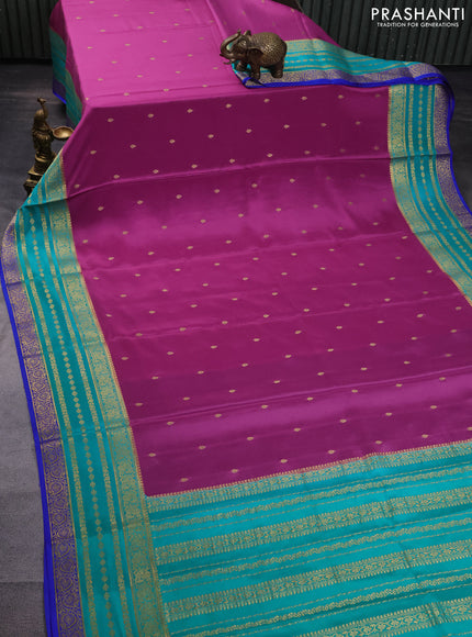Pure mysore silk saree lotus pink and teal shade with zari woven buttas and long zari woven border