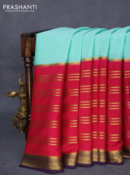 Pure mysore silk saree teal shade and dark pink deep violet with plain body and long zari woven border