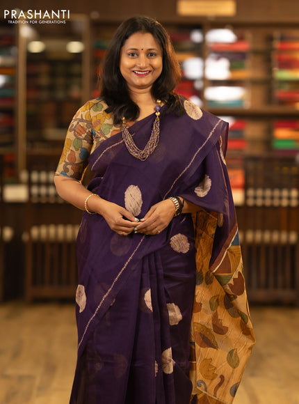Semi linen saree deep jamun and beige with shibori butta prints and kalamkari printed pallu