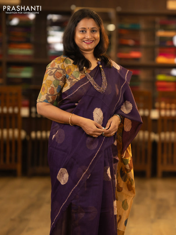 Semi linen saree deep jamun and beige with shibori butta prints and kalamkari printed pallu