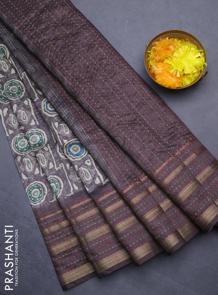 Semi tussar saree brown shade with allover prints and kantha stitich work border