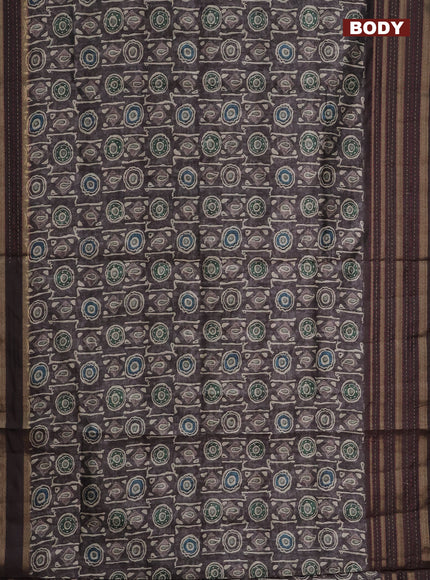 Semi tussar saree brown shade with allover prints and kantha stitich work border