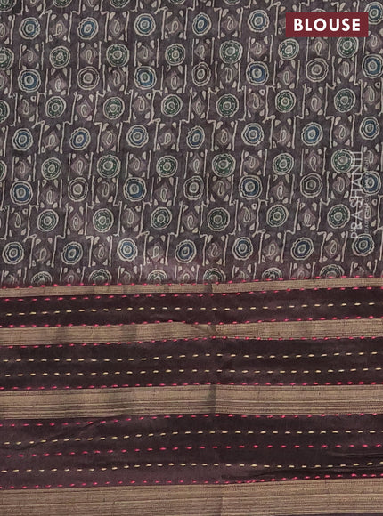 Semi tussar saree brown shade with allover prints and kantha stitich work border