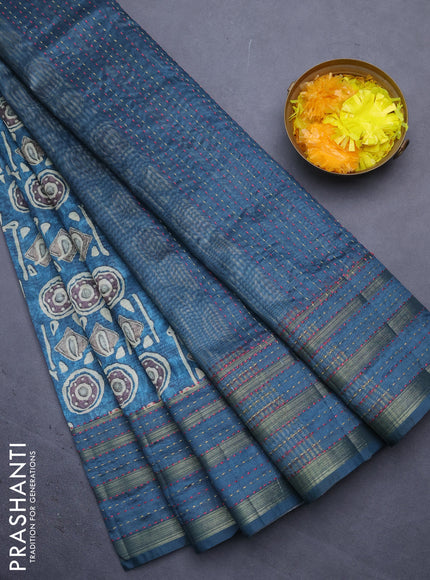 Semi tussar saree peacock blue with allover prints and kantha stitich work border