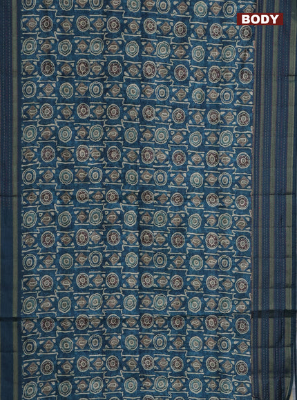 Semi tussar saree peacock blue with allover prints and kantha stitich work border