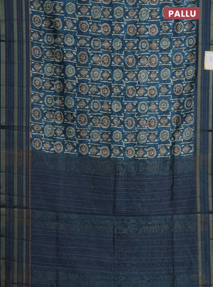 Semi tussar saree peacock blue with allover prints and kantha stitich work border