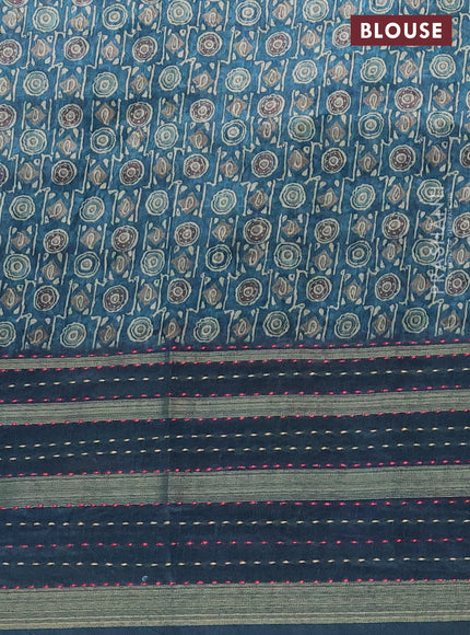 Semi tussar saree peacock blue with allover prints and kantha stitich work border