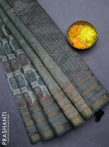 Semi tussar saree sap green shade with allover prints and kantha stitich work border