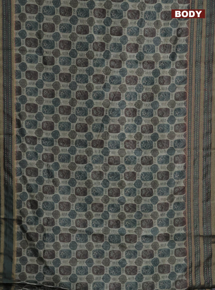 Semi tussar saree sap green shade with allover prints and kantha stitich work border