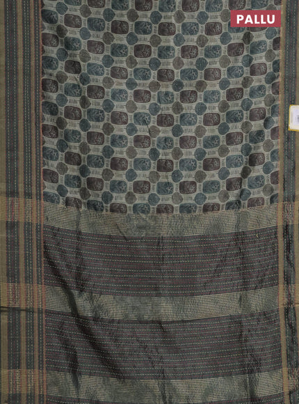 Semi tussar saree sap green shade with allover prints and kantha stitich work border