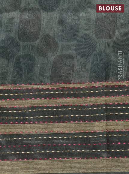 Semi tussar saree sap green shade with allover prints and kantha stitich work border
