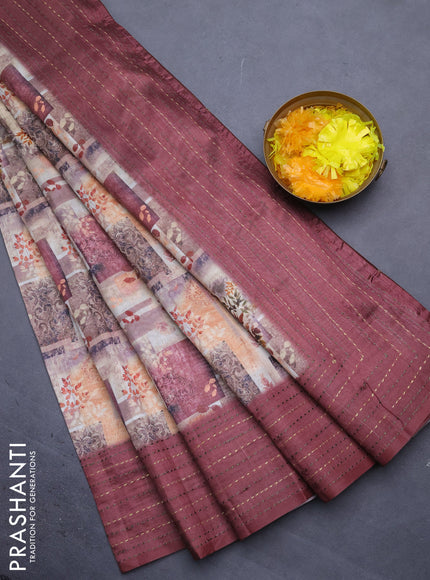 Semi tussar saree sandal and maroon with allover prints and kantha stitich work border