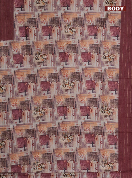 Semi tussar saree sandal and maroon with allover prints and kantha stitich work border