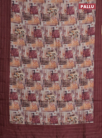 Semi tussar saree sandal and maroon with allover prints and kantha stitich work border