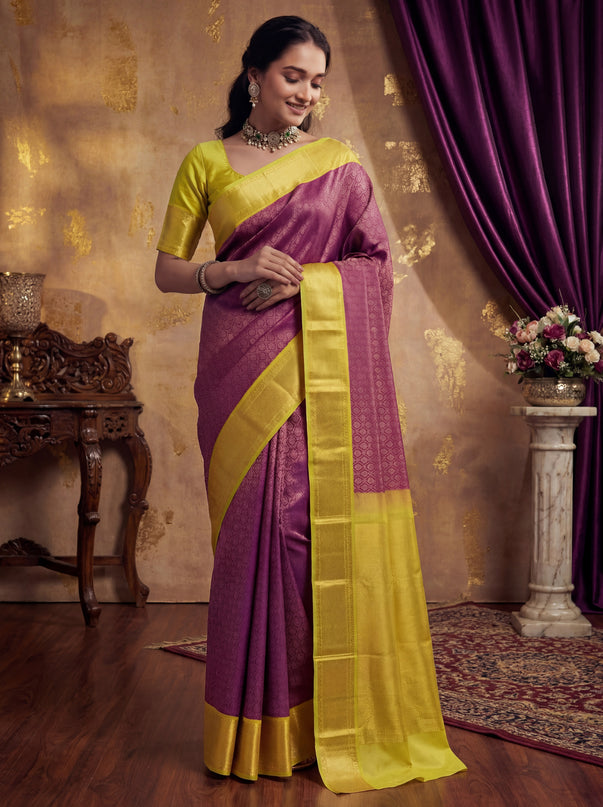 Pure kanchipuram silk saree purple and lime yellow with allover zari woven brocade weaves and zari woven korvai border