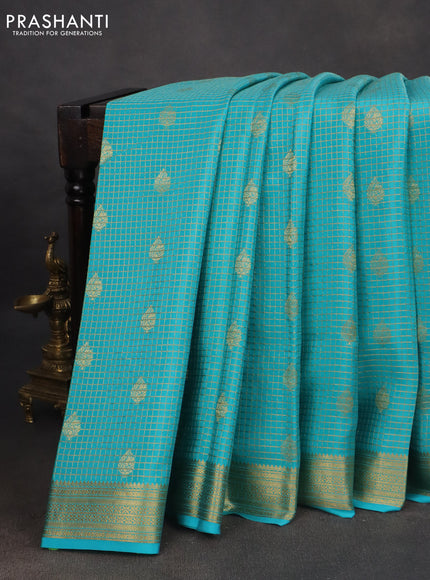 Pure mysore silk saree light blue with allover small zari checks & buttas and zari woven border