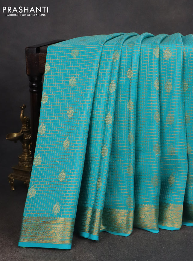 Pure mysore silk saree light blue with allover small zari checks & buttas and zari woven border