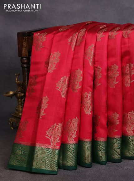 Chiniya silk saree red and green with woven buttas and banarasi style border