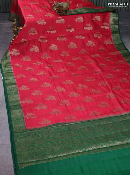 Chiniya silk saree red and green with woven buttas and banarasi style border