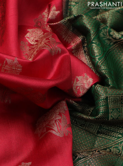 Chiniya silk saree red and green with woven buttas and banarasi style border