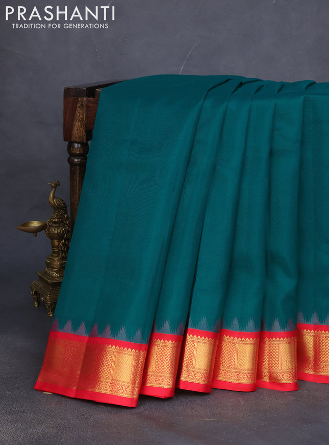 10 yards silk saree teal green and red with plain body and temple design zari woven border