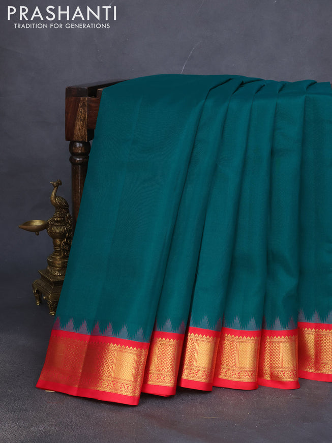 10 yards silk saree teal green and red with plain body and temple design zari woven border