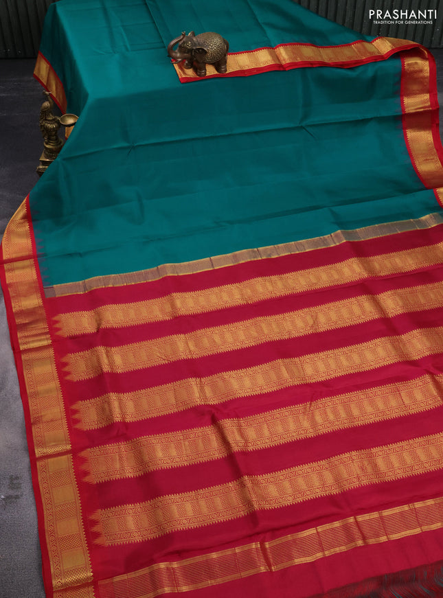 10 yards silk saree teal green and red with plain body and temple design zari woven border