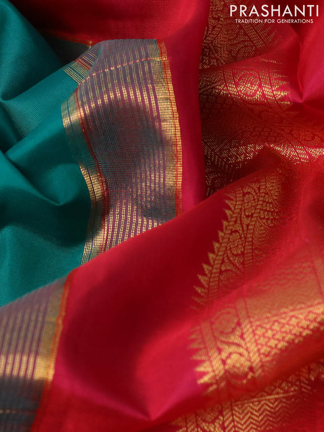 10 yards silk saree teal green and red with plain body and temple design zari woven border