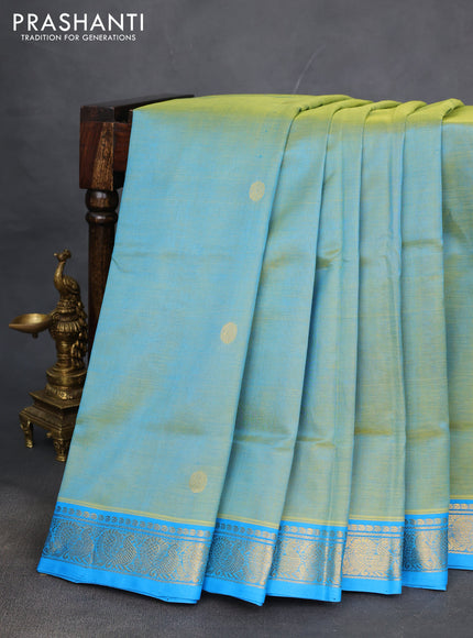 10 yards silk cotton saree dual shade of teal green and cs blue with zari woven buttas and annam zari woven border