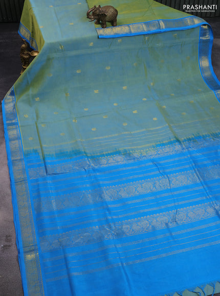 10 yards silk cotton saree dual shade of teal green and cs blue with zari woven buttas and annam zari woven border