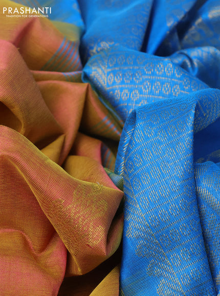 10 yards silk cotton saree dual shade of mustard and cs blue with zari woven buttas and zari woven border