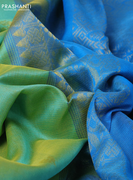 10 yards silk cotton saree dual shade of teal green and cs blue with zari woven buttas and annam zari woven border