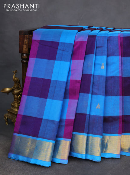 10 yards silk cotton saree deep purple and cs blue with allover paalum pazhamum checks & buttas and zari woven border
