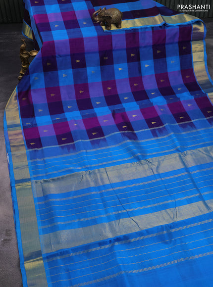 10 yards silk cotton saree deep purple and cs blue with allover paalum pazhamum checks & buttas and zari woven border
