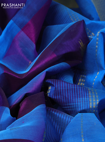 10 yards silk cotton saree deep purple and cs blue with allover paalum pazhamum checks & buttas and zari woven border