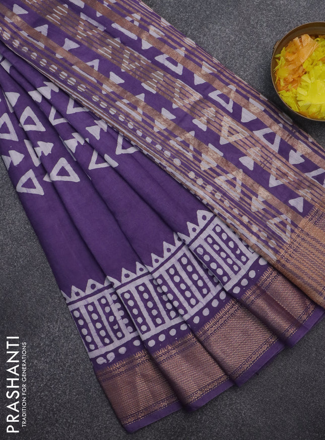 Semi chanderi saree violet and off white with batik prints and zari woven border