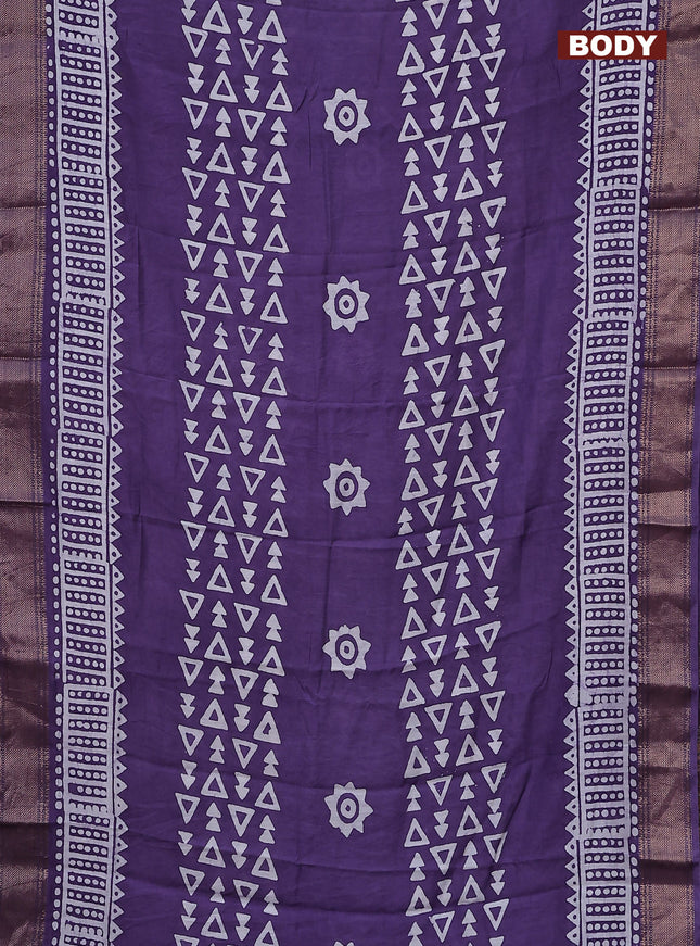 Semi chanderi saree violet and off white with batik prints and zari woven border
