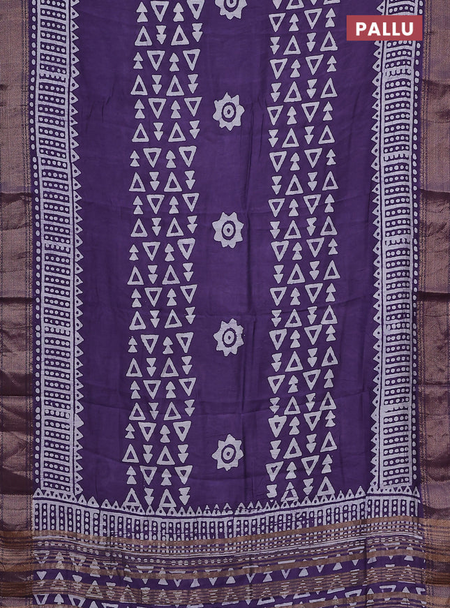 Semi chanderi saree violet and off white with batik prints and zari woven border
