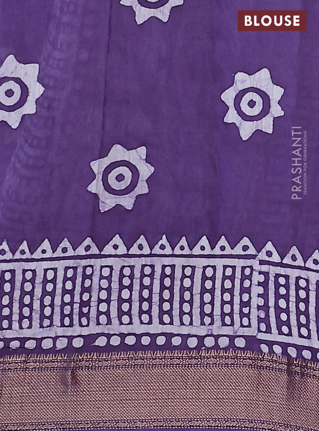 Semi chanderi saree violet and off white with batik prints and zari woven border