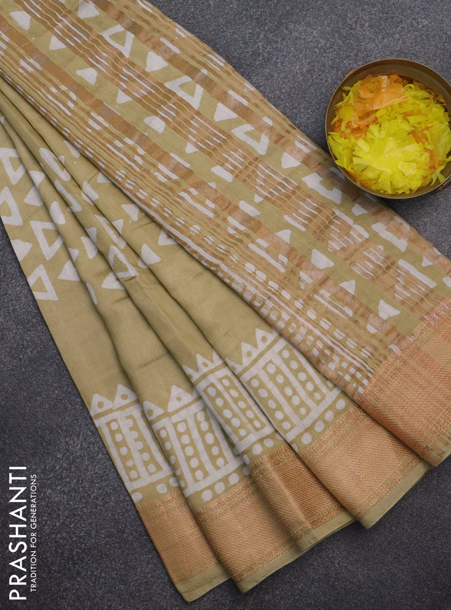 Semi chanderi saree sandal and off white with batik prints and zari woven border