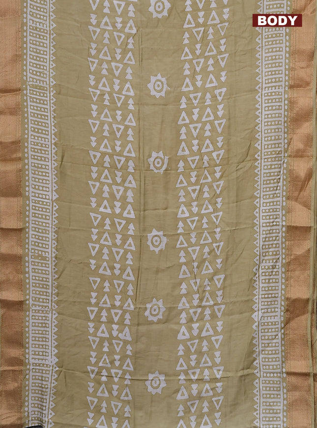 Semi chanderi saree sandal and off white with batik prints and zari woven border