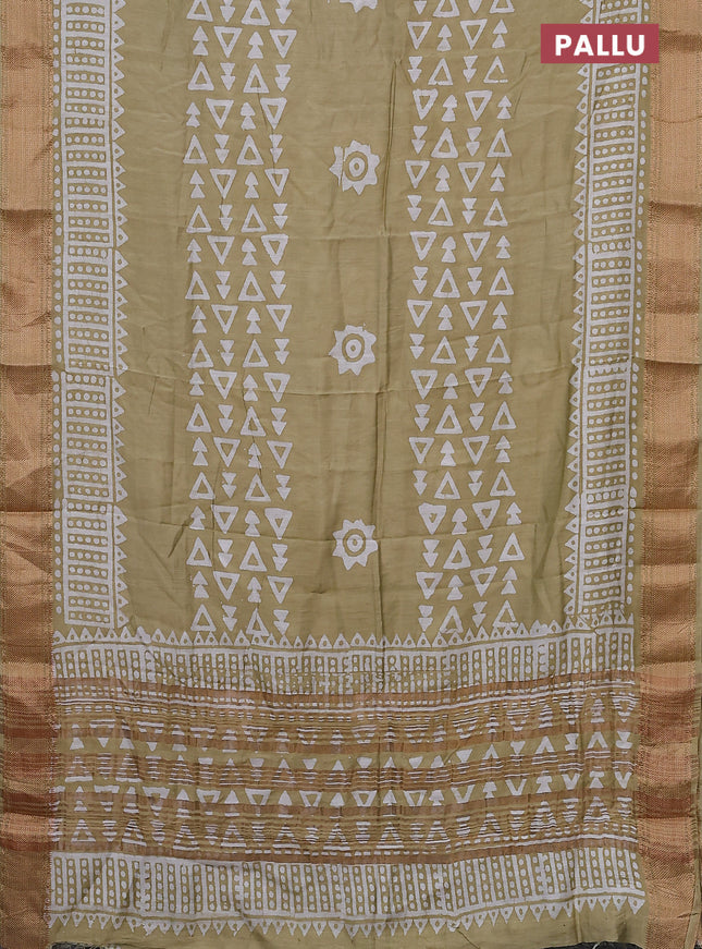 Semi chanderi saree sandal and off white with batik prints and zari woven border