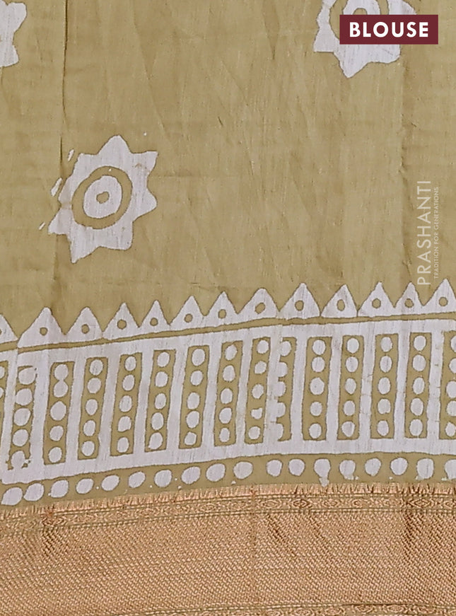 Semi chanderi saree sandal and off white with batik prints and zari woven border