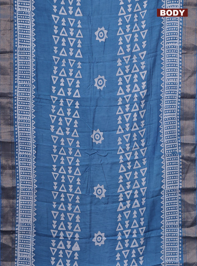 Semi chanderi saree blue and off white with batik prints and zari woven border