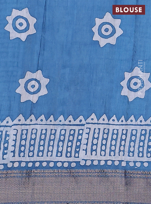Semi chanderi saree blue and off white with batik prints and zari woven border