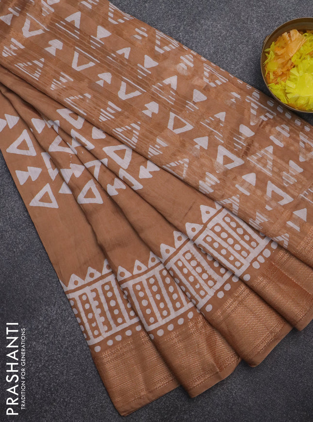 Semi chanderi saree dark sandal and off white with batik prints and zari woven border