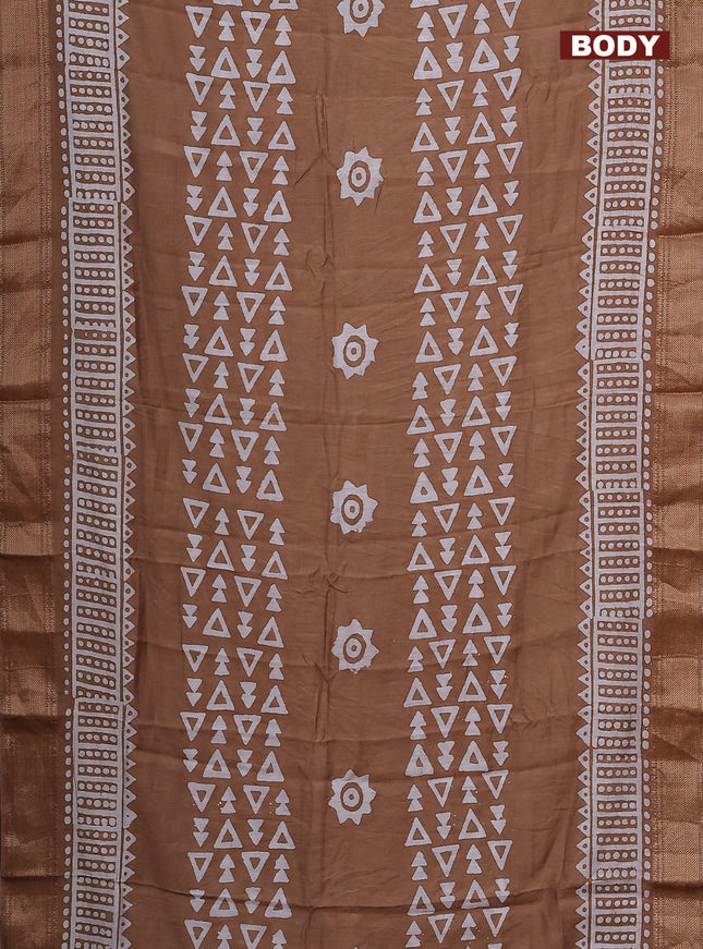 Semi chanderi saree dark sandal and off white with batik prints and zari woven border