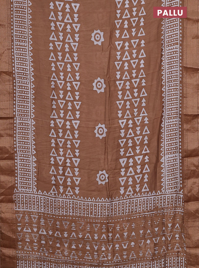 Semi chanderi saree dark sandal and off white with batik prints and zari woven border